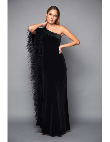 VELVET DRESS ONE SHOULDER - WITH BLACK FEATHERS