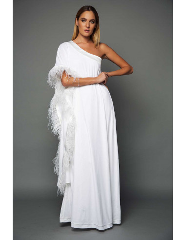 WHITE VELVET ONE SHOULDER  DRESS -  WITH WHITE FEATHERS DETAIL