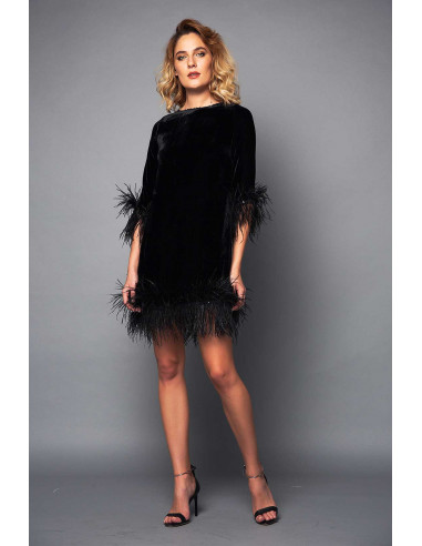 MINI VELVET DRESS -  WITH BLACK FEATHERS