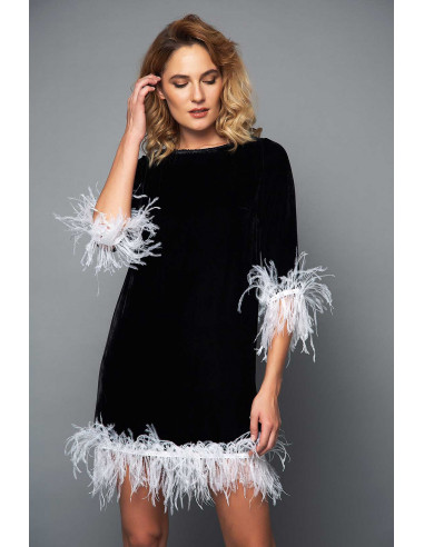 MINI VELVET DRESS -  WITH WHITE FEATHERS