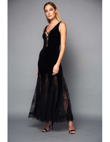 LONG VELVET DRESS -  WITH LACE SKIRT AND STRING