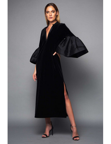 VELVET DRESS -  WITH  MIKADO BELL SLEEVES AND PLUNGE NECK